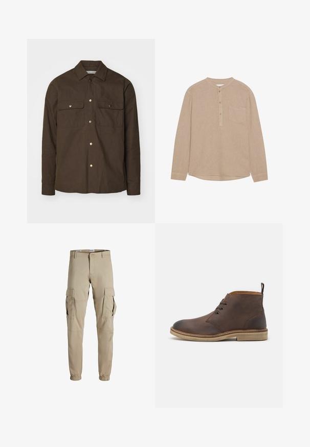 Brun bomulds skjortejakke med spids krave, knaplukning foran og to brystlommer. Har guldtonede trykknapper og lange ærmer.; Beige langærmet skjorte med henley halsudskæring, knaplukning, venstre brystlomme, blød tekstur og rundet kant.; Beige cargo bukser lavet af letvægtsstof, med flere sidelommer, elastiske cuffs og en standard talje. Ensartet tekstur hele vejen igennem.; Brune læder ankelstøvle med en afrundet tå, snørebåndsdesign og en cremefarvet gummisål. Har en løkke på hælen.