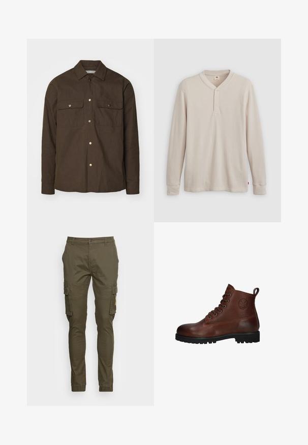 Brun bomulds skjortejakke med spids krave, knaplukning foran og to brystlommer. Har guldtonede trykknapper og lange ærmer.; Langærmet henley-skjorte i lys beige ribbet stof, med V-hals, tre-knap placket og manchetter ved ærmerne. Rød logo-tags ved kanten.; Olivengrønne cargo bukser lavet af bomuld, med sidelommer, en tætsiddende pasform og manchetter. Flad front med knaplukning.; Brune læder ankelstøvle med en struktureret overflade, seks snørrehuller, en sort gummisål og en løkke for nem påtagning.