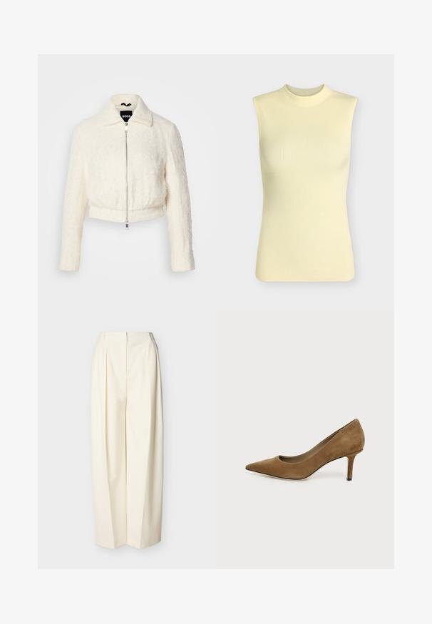 Veste blanche courte en tissu texturé avec un col et une fermeture à zip argenté. Manches longues et coupe décontractée.; Top sans manches en maille côtelée jaune pâle avec un col rond montant, silhouette ajustée et tissu doux texturé.; Pantalon crème à taille haute et jambes larges avec plis devant, fermeture éclair avant dissimulée et passants pour ceinture.; Chaussure à talon haut en daim marron, bout pointu, avec un talon aiguille fin de hauteur moyenne sur fond blanc.