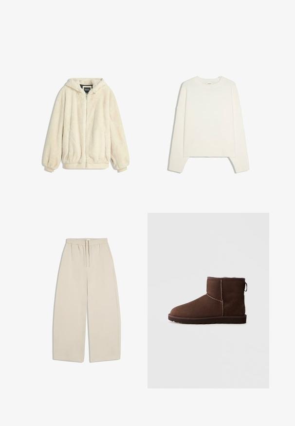 Veste en fausse fourrure couleur crème avec capuche, fermeture éclair, poignets et ourlet élastiques. Texture douce avec une finition en peluche, idéale pour une tenue décontractée.; Pull blanc à manches longues avec col rond, poignets et bas côtelés, posé à plat sur un fond blanc.; Pantalon beige à jambes larges avec taille élastique et cordon à l'avant, fabriqué en tissu doux, présenté à plat sur fond blanc.; Bottine en daim marron avec des coutures visibles, semelle plate et doublure douce, vue du côté extérieur sur un fond uni.