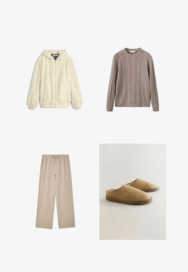Cremfarbener Kunstfelljacke mit Kapuze, Reißverschluss, elastischen Bündchen und Saum. Weiche Textur mit plüschigem Finish, geeignet für lässige Outfits.; Beiger gerippter Strickpullover mit langen Ärmeln, Rundhalsausschnitt und strukturierten vertikalen Streifen. Weicher Stoff mit entspannter Passform.; Beige Hosen mit weitem Bein, elastischem Bund und Kordelzug, mit seitlichen Taschen, flach auf weißem Hintergrund ausgelegt.; Beige Hausschuhe aus weichem Material mit glatter Textur. Sie verfügen über einen geflochtenen Akzent entlang der Sohle und ein offenes Design an der Rückseite.