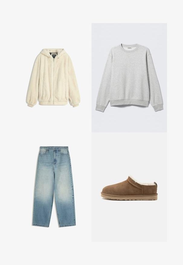 Cremfarbener Kunstfelljacke mit Kapuze, Reißverschluss, elastischen Bündchen und Saum. Weiche Textur mit plüschigem Finish, geeignet für lässige Outfits.; Grauer Pullover aus weicher Baumwollmischung. Gerippter Rundhalsausschnitt und Bündchen, mit lockerem Sitz. Keine sichtbaren Muster oder Hardware-Details.; Hellblaue High-Waist-Jeans mit weitem Bein, verwaschenem Look, vorderer Knopfverschluss und Fünf-Taschen-Design.; Brauner Velours-Slipper mit beiger Sohle und weißem Fleecefutter, für Wärme und Komfort im Innenbereich konzipiert.