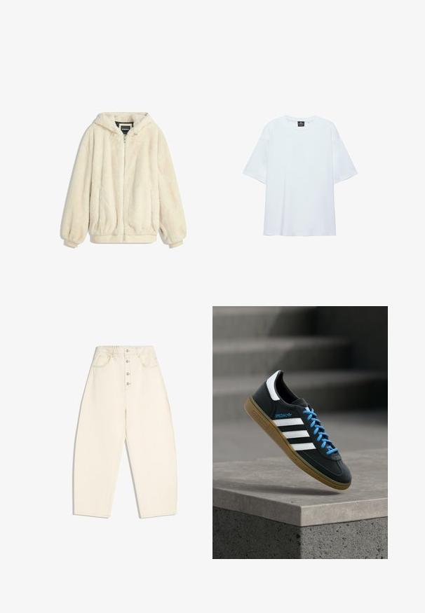 Crème-kleurige nepbontjas met een capuchon, ritsluiting, elastische manchetten en zoom. Zachte textuur met een pluche afwerking, geschikt voor casual gebruik.; Effen witte oversized T-shirt met korte mouwen, ronde halslijn en een zwart label aan de binnenkant van de kraag, op een witte achtergrond.; Crèmewitte, wijde broek met hoge taille, voorzien van een knoopsluiting aan de voorkant en zakken aan de zijkant en achterkant, afgebeeld op een witte achtergrond.; Zwarte Adidas-sneaker met witte strepen, blauwe veters en een gumzool die boven een grijze betonnen trede zweeft in zacht licht.
