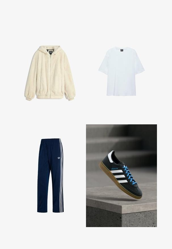 Cremfarbener Kunstfelljacke mit Kapuze, Reißverschluss, elastischen Bündchen und Saum. Weiche Textur mit plüschigem Finish, geeignet für lässige Outfits.; Schlichtes, weißes, übergroßes T-Shirt mit kurzen Ärmeln, rundem Ausschnitt und einem schwarzen Etikett innen am Kragen vor weißem Hintergrund.; Marineblaue Adidas Trainingshose mit weißen drei Streifen an den Seiten und elastischem Bund, mit weißem Trefoil-Logo auf dem linken Oberschenkel.; Schwarzer Adidas-Sneaker mit weißen Streifen, blauen Schnürsenkeln und Gummisohle, der über einer grauen Betontreppe im weichen Licht schwebt.