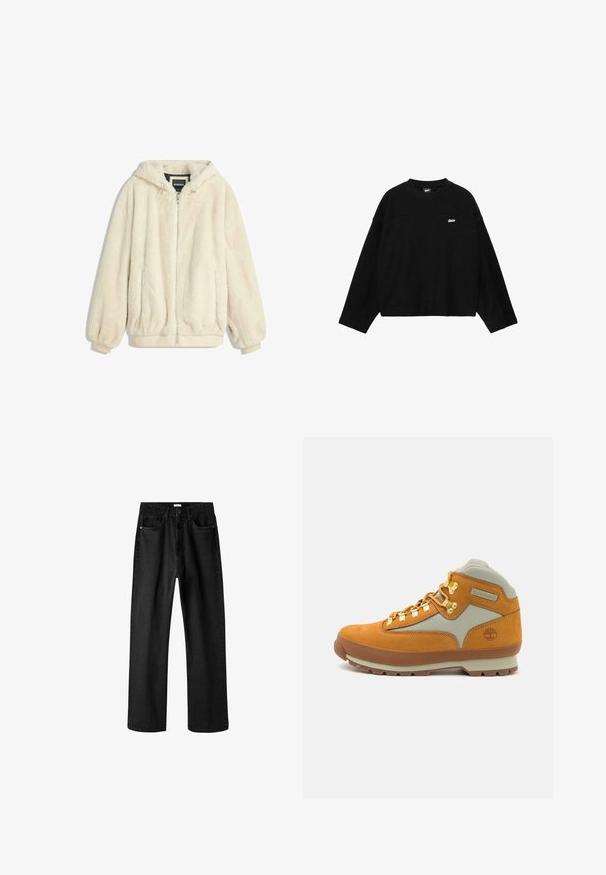 Cremfarbener Kunstfelljacke mit Kapuze, Reißverschluss, elastischen Bündchen und Saum. Weiche Textur mit plüschigem Finish, geeignet für lässige Outfits.; Schwarzer langärmeliger Sweatshirt mit Rundhalsausschnitt und kleinem weißem "Swag"-Logo auf der linken oberen Brust, schlichtes Design, lockere Passform.; Schwarze Jeans aus Denim mit geradem Schnitt, fünf Taschen und Knopfverschluss. Merkmale sind eine subtile Textur und Kontrastnähte.; Braune Wildleder-Wanderschuhe mit hellgrauen Stoffeinsätzen, goldenen Ösen, Gummisohle und Timberland-Logo auf der Ferse geprägt.