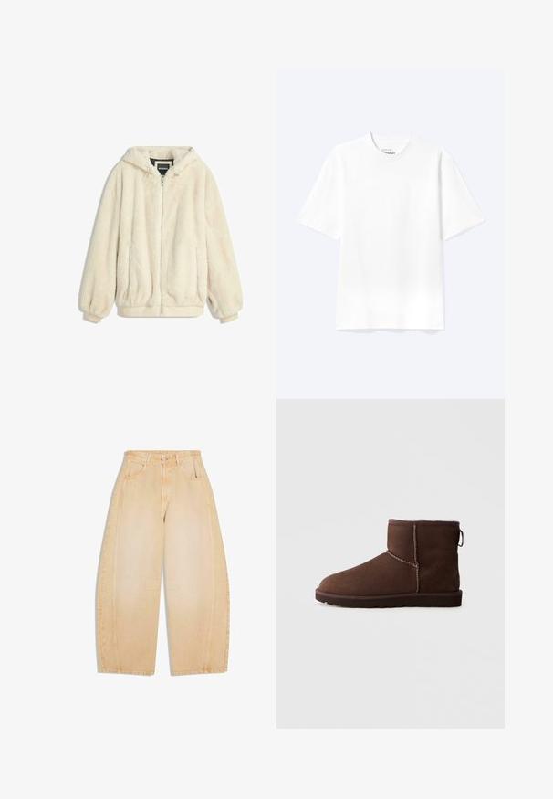 Cremfarbener Kunstfelljacke mit Kapuze, Reißverschluss, elastischen Bündchen und Saum. Weiche Textur mit plüschigem Finish, geeignet für lässige Outfits.; Schlichtes weißes T-Shirt mit kurzen Ärmeln und Rundhalsausschnitt in entspannter Passform, auf hellem Hintergrund dargestellt.; Beige Jeans mit weitem Bein, Vorder- und Gesäßtaschen, Gürtelschlaufen, Knopfverschluss und Nahtdetails an Knien und Seiten.; Brauner Wildleder-Ankle-Boot mit sichtbaren Nähten, flacher Sohle und weicher Innenausstattung, von der Außenseite vor einem schlichten Hintergrund betrachtet.