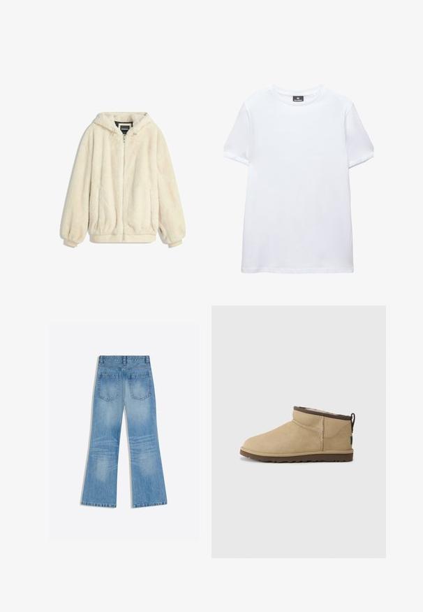 Cremfarbener Kunstfelljacke mit Kapuze, Reißverschluss, elastischen Bündchen und Saum. Weiche Textur mit plüschigem Finish, geeignet für lässige Outfits.; Einfaches weißes T-Shirt mit kurzen Ärmeln und Rundhalsausschnitt mit einem schwarzen Pull&Bear-Etikett innen am Kragen, abgebildet auf weißem Hintergrund.; Hellblaue Jeans aus Denim mit hoher Taille, weiten Beinen und zwei Gesäßtaschen, flach auf weißem Hintergrund liegend dargestellt.; Beiger Wildleder-Ankle-Boot mit abgerundeter Spitze, oberhalb mit einem braunen Akzent versehen. Weiches Innenfutter und profilierte Gummisohle.