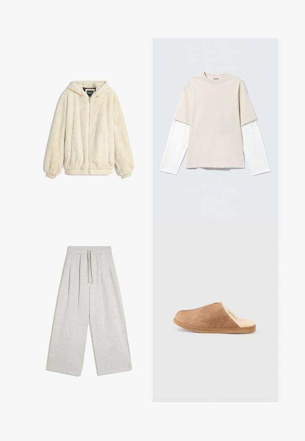 Crème-kleurige nepbontjas met een capuchon, ritsluiting, elastische manchetten en zoom. Zachte textuur met een pluche afwerking, geschikt voor casual gebruik.; Beige T-shirt met korte mouwen, gedragen over een wit shirt met lange mouwen, ronde hals en een "WEEKDAY" label in de kraag.; Lichtgrijze broek met wijde pijpen, elastische tailleband en koord, met plooien aan de voorkant en een losse pasvorm.; Bruine suède instap pantoffel met crèmekleurige zachte fleece voering en rubberen zool, zijaanzicht tegen een witte achtergrond.