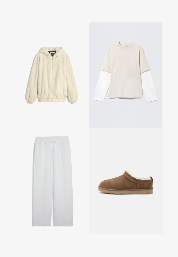 Cremefarvet faux fur jakke med hætte, lynlås lukning, elastiske manchetter og kant. Blød tekstur med en luksuriøs finish, velegnet til afslappet brug.; Beige T-shirt med korte ærmer lagt over en hvid langærmet skjorte med rund halsudskæring og "WEEKDAY" mærke indeni kraven.; Lysegrå joggingbukser med elastisk talje og snøre, lige ben og sidelommer.; Brun ruskind slip-on hjemmesko med beige sål og hvid fleecefor, designet til indendørs varme og komfort.