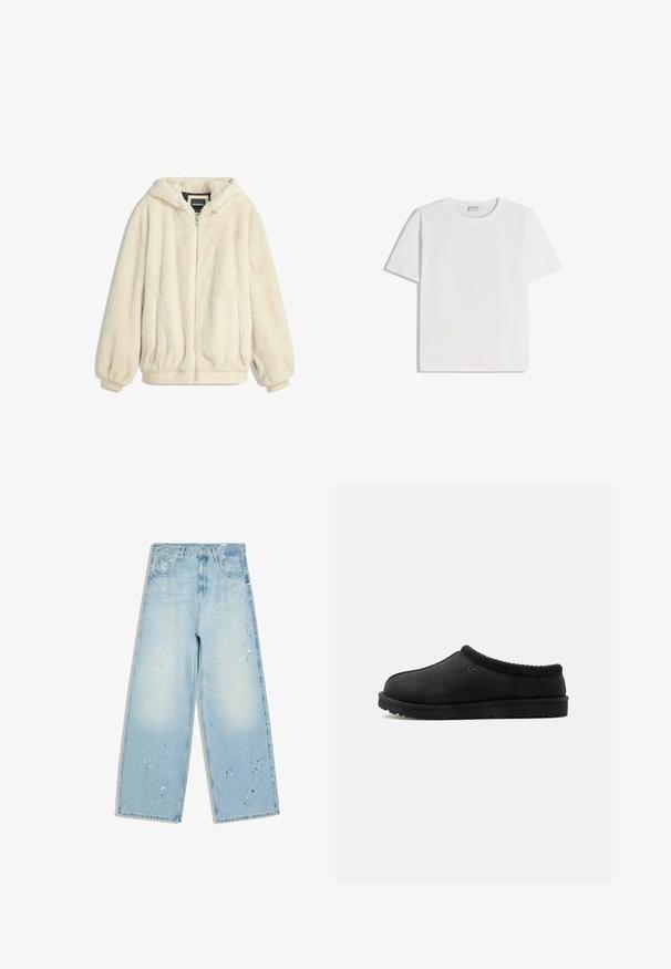Cremfarbener Kunstfelljacke mit Kapuze, Reißverschluss, elastischen Bündchen und Saum. Weiche Textur mit plüschigem Finish, geeignet für lässige Outfits.; Weißes Baumwoll-T-Shirt mit Rundhalsausschnitt und kurzen Ärmeln. Klassische, kastige Form ohne sichtbare Muster oder Verzierungen.; Hellblaue Jeans mit weitem Bein und Farbspritzern, vorderer Knopf und Taschen, flach auf weißem Hintergrund liegend.; Schwarzer UGG-Hausschuh zum Hineinschlüpfen mit weicher Sohle und gestricktem Besatz am Kragen, Seitenansicht auf weißem Hintergrund.