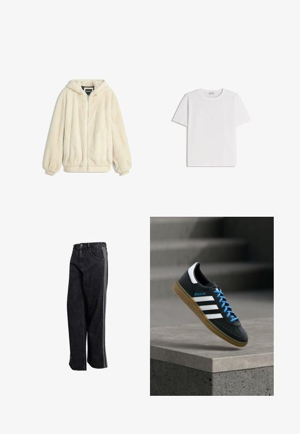 Crème-kleurige nepbontjas met een capuchon, ritsluiting, elastische manchetten en zoom. Zachte textuur met een pluche afwerking, geschikt voor casual gebruik.; Wit katoenen T-shirt met een ronde hals en korte mouwen. Heeft een klassieke, rechte pasvorm zonder zichtbare patronen of accenten.; Zwarte denim jeans met een losse pasvorm, voorzien van strepen aan de zijkant, een klassieke metalen knoop en standaardzakken. Duurzame stof met een gestructureerde uitstraling.; Zwarte Adidas-sneaker met witte strepen, blauwe veters en een gumzool die boven een grijze betonnen trede zweeft in zacht licht.