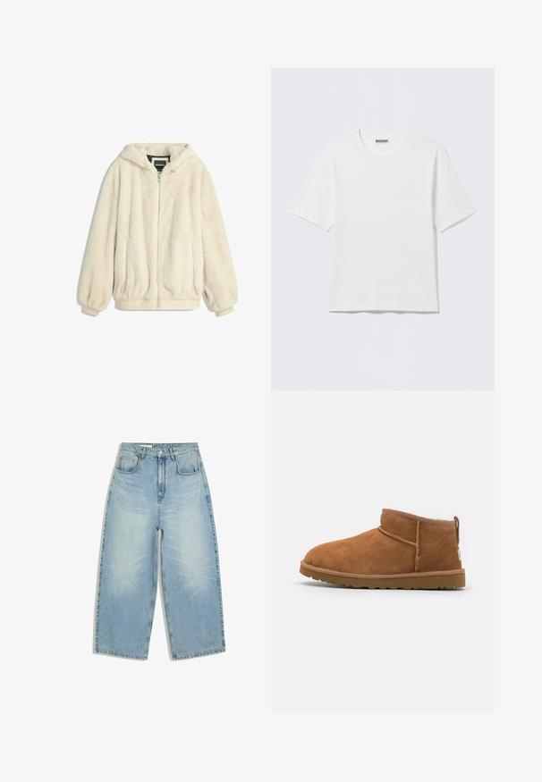 Veste en fausse fourrure couleur crème avec capuche, fermeture éclair, poignets et ourlet élastiques. Texture douce avec une finition en peluche, idéale pour une tenue décontractée.; T-shirt blanc uni à manches courtes et col rond, avec une petite étiquette "WEEKDAY" à l'intérieur du col arrière, présenté à plat.; Jean denim bleu clair taille haute avec jambes larges, poches avant, passants de ceinture et fermeture par bouton et fermeture éclair.; Bottine en suède beige avec un bout rond, des détails de couture subtils et une semelle en caoutchouc texturée. Hauteur courte sans lacets.