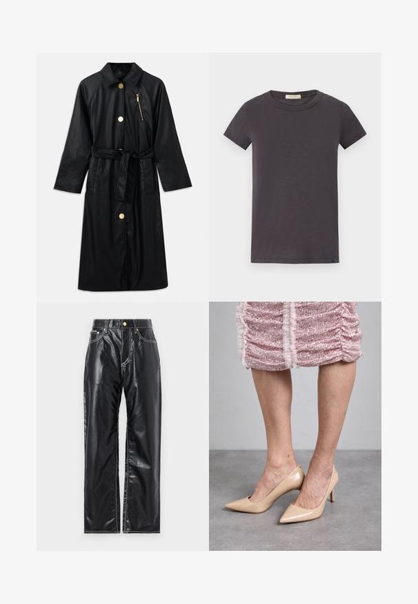 Sort falsk læderfrakke med krave, frontlomme med lynlås, store guldknapper og et matchende bælte i taljen. Har lange ærmer.; rag & bone THE SLUB - T-shirts basic - greystone; Sorte faux læderbukser med en vidde benlængde, der har hvid syning, frontlommer og en guldfarvet knap i taljen.; Beige patenteret læderhæle med spids tå og slank hæl. Glat tekstur med et strømlinet design. Båret med en pink glitrende kjole.