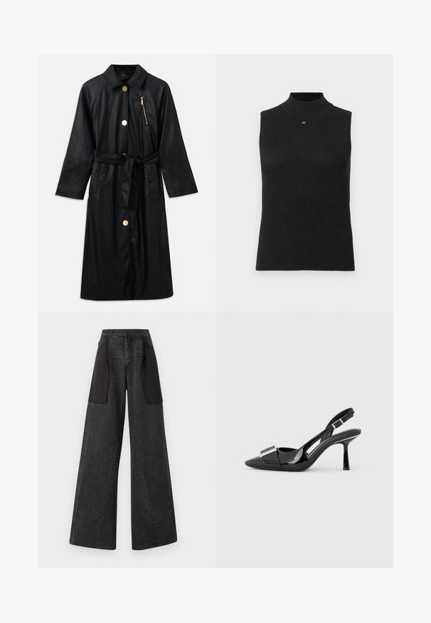 Must musta nahkjope kraega, esiküljel luku taskuga, suurte kuldsete nööpidega ja sobiva vöödiga taljes. Omab pikki varrukaid.; Must have mustreidega ilma varrukateta turtleneck top, millel on väike kuldne "AX" logo kaeluse all, helehallil taustal.; Tumedast denimist laiad jalad teksad, mille külgedel on mustad kangast paneelid, kõrge vöökoht ja nähtavad õmblustooted.; Mustast lakknahast rihmikuga kontsaking, millel on terav ninaosa ja metallist detail peal. Omadusteks on sale konts ja reguleeritav rihm.