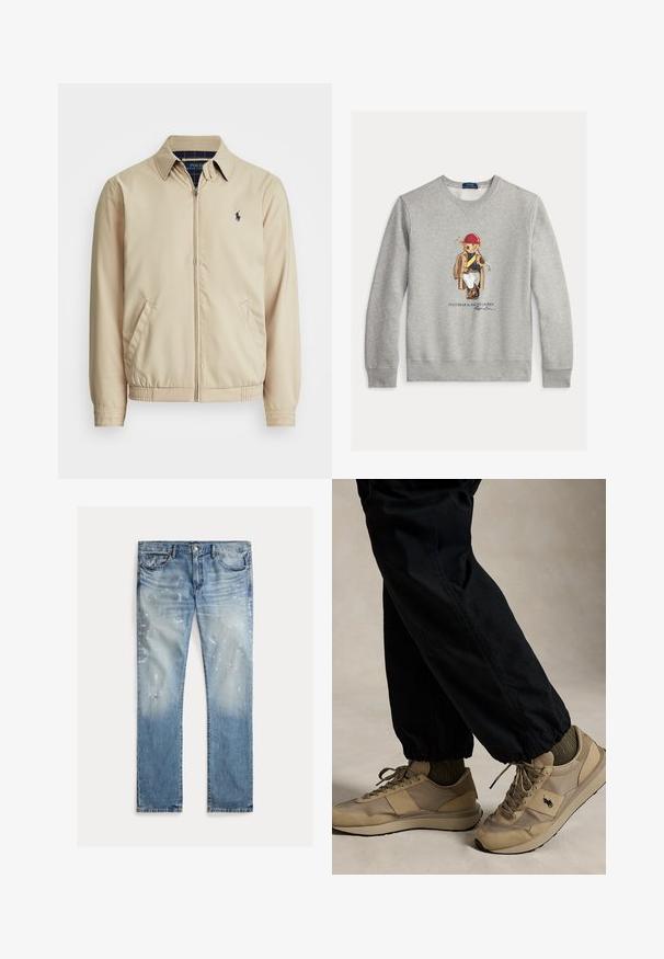 Lys beige zip-up jakke med kraveskær, sidelommer, elastisk talje og et lille marineblåt logo på brystet. Glat tekstur.; Grå sweatshirt med en farverig illustration af en bjørn iført kasket og arbejdstøj, med ribkanter ved ærmer og bund. Teksten "Polo Bear by Ralph Lauren" er inkluderet.; Lyseblå denimjeans med en bleget vask, slidte detaljer, malingspletter, traditionelt fem-lomme design, lige ben.; Person iført beige snørestøvler med sort logo, olivengrønne sokker og sorte bukser med elastiske manchetter, stående på en neutral gulv.