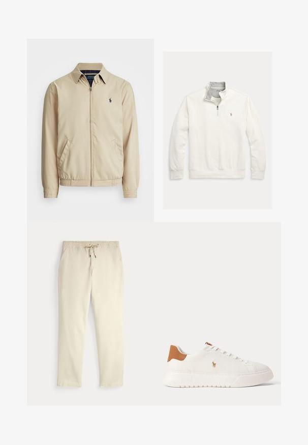 Lys beige zip-up jakke med kraveskær, sidelommer, elastisk talje og et lille marineblåt logo på brystet. Glat tekstur.; Hvid langærmet pullover med kvart lynlås, grå indvendig krave og lille broderet hestelogo på venstre bryst.; Off-white afslappede bukser med elastisk talje og snor, lige ben og sidelommer mod en ensfarvet baggrund.; Hvid lavtop sneaker med tan hælfane, hvide snørebånd og lille broderet polo-spiller logo på siden over en tyk sål.