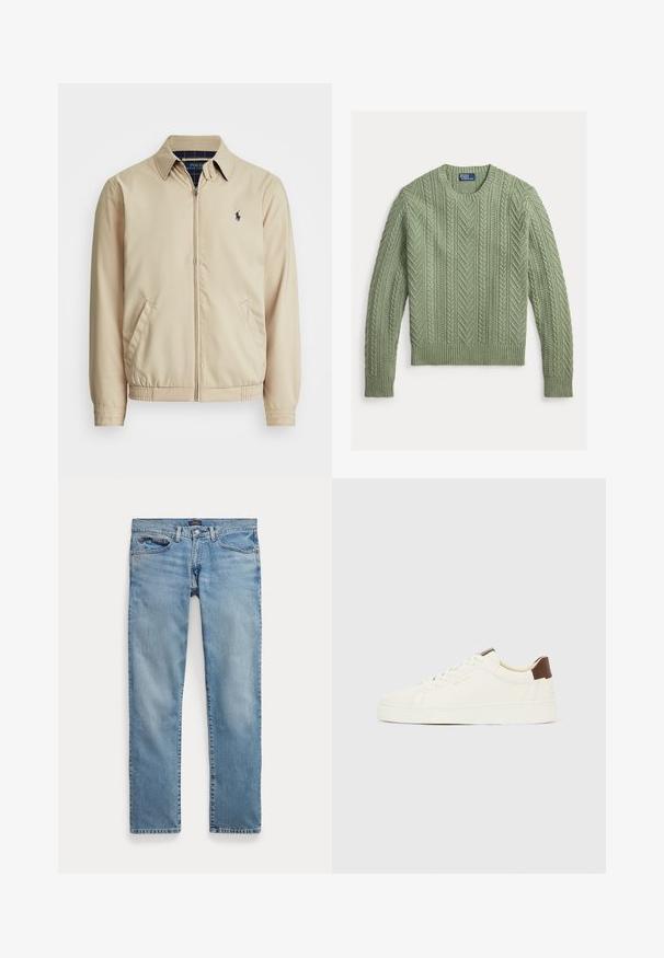 Lys beige zip-up jakke med kraveskær, sidelommer, elastisk talje og et lille marineblåt logo på brystet. Glat tekstur.; Grøn kabelstrikket crewneck-trøje med ribbenede ærmeafslutninger og kant, med Polo by Ralph Lauren-mærke ved halsudskæringen.; Lyseblå jeans med lige ben, forlommer og knaplukning, lagt fladt på en hvid baggrund.; Hvid lav sko med cremefarvede snørebånd, en brun hæltab og gyldent "GANT"-logo på siden, vist i profil mod en ensfarvet baggrund.
