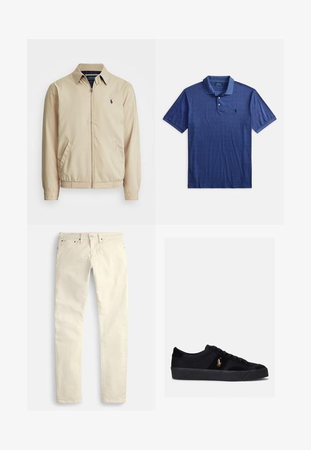 Lys beige zip-up jakke med kraveskær, sidelommer, elastisk talje og et lille marineblåt logo på brystet. Glat tekstur.; Blå polo med korte ærmer, subtilt ternet mønster, to-knaps lukning og lille broderet logo på brystet.; Lysebeige bukser med lige ben lavet af et struktureret stof. Har fem lommer og brune metaldele. Ingen synlige mønstre eller accenter.; Sorte sneakers med overdel i stof og ruskind, rund tå, flad gummisål og broderet logo på siden. Snørebåndsdesign med seks snørehuller.