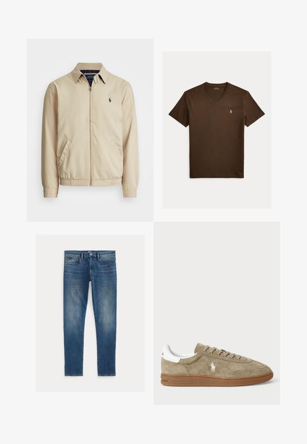 Lichtbeige ritsjack met een kraag, zijzakken, een elastische tailleband en een klein marineblauw logo op de borst. Soepele textuur.; Bruine T-shirt met V-hals en korte mouwen met klein goudkleurig Polo Ralph Lauren-logo geborduurd op de linkerborst.; Blauwe denim jeans met een slim fit, met een vervaagd effect, vijf zakken en een ritssluiting met een bovenste knoop. Opvallende stikseldetails.; Suède sneaker in tan met witte accenten, ronde neus en vetersluiting. Beschikt over een geperst logo en rubberen zool voor grip.