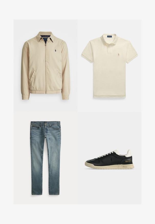 Lichtbeige ritsjack met een kraag, zijzakken, een elastische tailleband en een klein marineblauw logo op de borst. Soepele textuur.; Beige poloshirt met korte mouwen, voorzien van een knoopsluiting bij de kraag en een klein geborduurd logo op de linkerborst. Gemaakt van gestructureerd katoen.; Blauwe denim jeans met rechte pijpen, voorzakken, riemlussen en knoopsluiting.; Zwarte leren sneaker met witte veters en hiel, beige zool met reliëf "Polo" en gouden "Ralph Lauren" handtekening aan de zijkant.