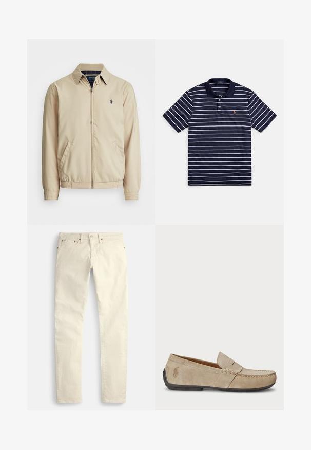 Lys beige zip-up jakke med kraveskær, sidelommer, elastisk talje og et lille marineblåt logo på brystet. Glat tekstur.; Mørkeblå polo med hvide vandrette striber, korte ærmer, to-knaps lukning og lille broderet logo på venstre bryst.; Lysebeige bukser med lige ben lavet af et struktureret stof. Har fem lommer og brune metaldele. Ingen synlige mønstre eller accenter.; Beige ruskindsloafers med syninger, flad gummisål og et lille logo på siden. Klassisk slip-on design, blød tekstur.