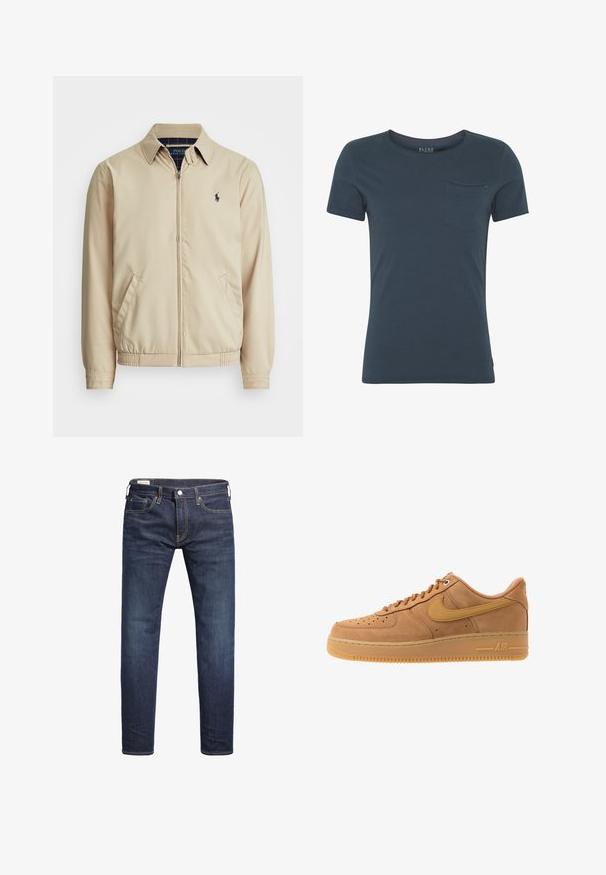 Helle beige Zip-Jacke mit Kragen, seitlichen Taschen, elastischem Bund und kleinem marineblauen Logo auf der Brust. Glatte Textur.; Marineblaues Kurzarm-T-Shirt aus weichem Baumwollstoff, mit Rundhalsausschnitt und einer kleinen Brusttasche mit einem metallischen Akzent.; Dunkelblaue Slim-Fit-Jeans mit vorderem Knopf- und Reißverschluss, fünf Taschen und gelben Nähdetails.; Nike Sportswear AIR FORCE 1 07 - Sneaker low - flax/wheat/light brown/black/team gold