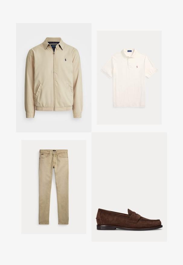 Lys beige zip-up jakke med kraveskær, sidelommer, elastisk talje og et lille marineblåt logo på brystet. Glat tekstur.; Hvid polo-shirt med korte ærmer, krave, tre-knaps lukning og lille broderet logo på venstre bryst.; Beige slim-fit bukser med forlommer, bæltestropper og knaplukning, lagt fladt på en hvid baggrund.; Brun ruskind penny loafer med lav hæl og synlig syning langs tåen, siden og bagpå, vist på ensartet lys baggrund.