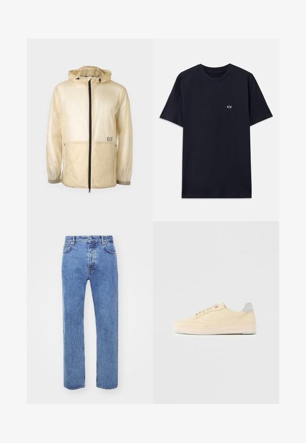 Chaqueta ligera beige tipo rompevientos con capucha, que cuenta con un cierre frontal completo, puños elásticos y un logo bordado en el lado izquierdo.; Camiseta de algodón de color azul marino con mangas cortas y cuello redondo. Presenta un pequeño logo blanco "A|X" en la parte izquierda del pecho.; Won Hundred STEVE - Vaqueros boyfriend - cut blue; Zapatilla deportiva beige de corte bajo con cierre de cordones en la parte delantera, suela rosa claro y lengüeta trasera gris con la marca "Filling Pieces", mostrada de perfil sobre un fondo liso.