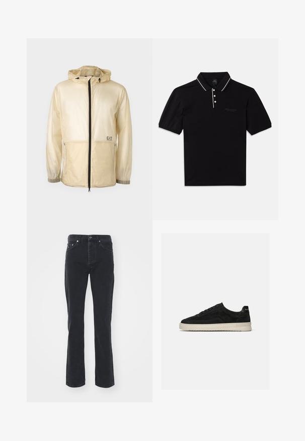 Chaqueta ligera beige tipo rompevientos con capucha, que cuenta con un cierre frontal completo, puños elásticos y un logo bordado en el lado izquierdo.; Polo negro confeccionado en algodón, con cuello, tres botones, detalles en blanco y un logo sutil en el frontal. Manga corta.; Vaqueros de mezclilla negra con un diseño de pierna recta, que cuentan con cinco bolsillos y un cierre de botón. La tela tiene una textura sutil y un acabado resistente.; Zapatilla deportiva baja de ante negro con cordones negros y suela de goma blanca, vista lateral sobre fondo gris claro liso.