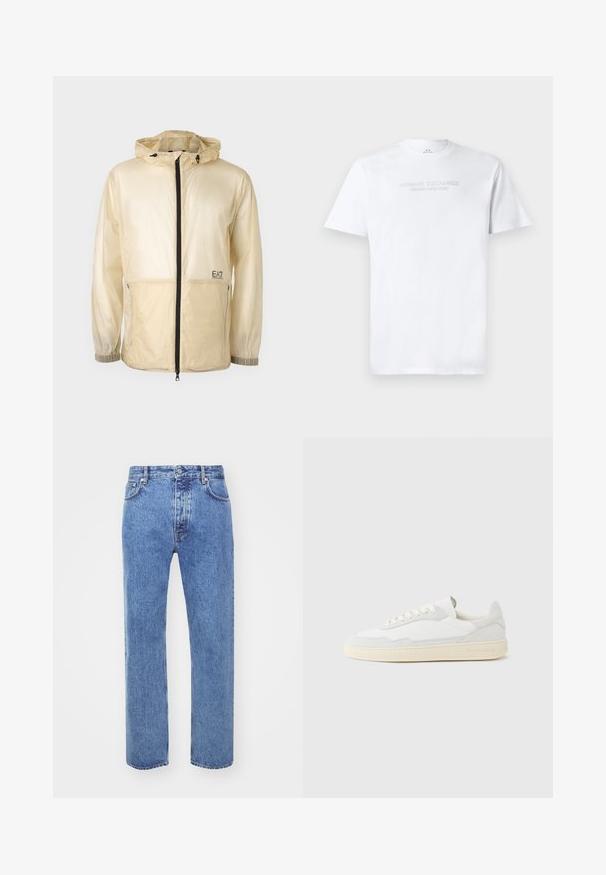 Chaqueta ligera beige tipo rompevientos con capucha, que cuenta con un cierre frontal completo, puños elásticos y un logo bordado en el lado izquierdo.; Camiseta blanca de algodón con cuello redondo, mangas cortas y logo en relieve "ARMANI EXCHANGE MILANO/NEW YORK" en la parte frontal.; Won Hundred STEVE - Vaqueros boyfriend - cut blue; Zapatilla blanca con parte superior texturizada de ante y cuero. Presenta una puntera redondeada, cierre con cordones y suela de goma beige contrastante.