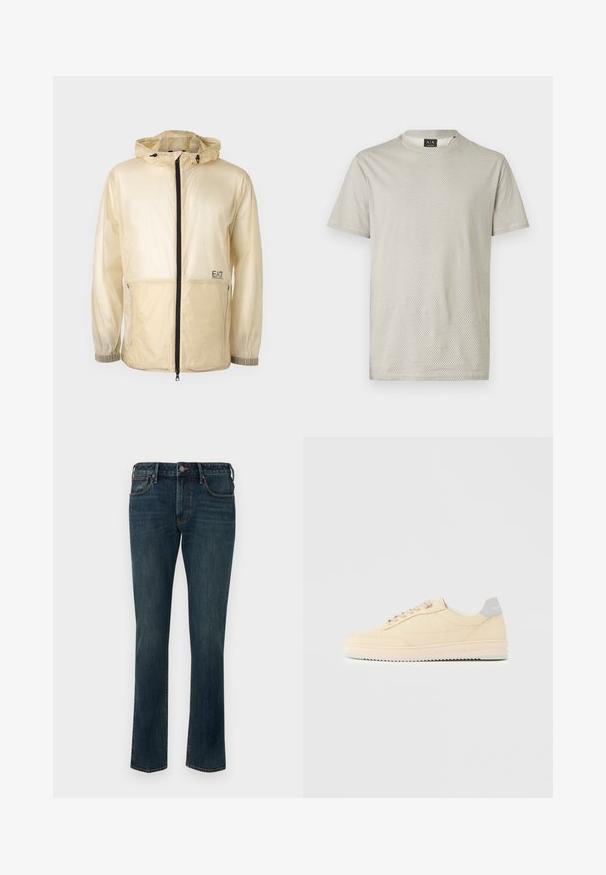 Veste coupe-vent beige légère avec capuche, dotée d'une fermeture éclair sur le devant, de poignets élastiques et d'un logo brodé sur le côté gauche.; T-shirt gris clair à manches courtes avec une texture en nid d'abeille et un col rond. Étiquette visible au niveau du col.; Jean en denim droit bleu foncé avec fermeture à bouton et à glissière, poches avant et arrière, et un léger délavage sur les cuisses.; Baskets basses beige à lacets, semelle rose clair et languette grise à l'arrière marquée "Filling Pieces", vues de profil sur fond uni.