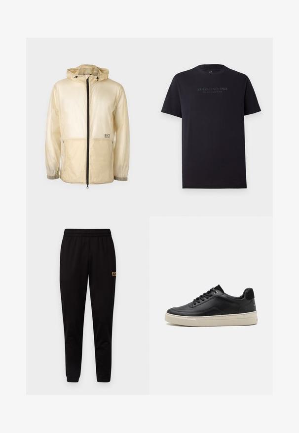 Letvægts beige vindjakke med hætte, der har en fuld frontlynlås, elastiske manchetter og et broderet logo på venstre side.; Sort bomulds t-shirt med korte ærmer, rund hals og en let afslappet pasform. Har "ARMANI EXCHANGE MILANO / NEW YORK" i mørkegrå tekst.; Sorte sweatpants med elastisk talje, tætsiddende manchetter og et lille gult logo på den øverste venstre ben. Blødt, glat stof.; Sort lædersneaker med lav profil, der har en cremefarvet gummisål, rund tå og snøre-design, akkompagneret af en hæl i sort ruskind.