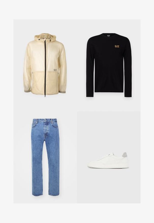 Leichte beige Windbreaker-Jacke mit Kapuze, ausgestattet mit einem durchgehenden Reißverschluss, elastischen Bündchen und einem gestickten Logo auf der linken Seite.; Schwarzes Langarm-T-Shirt aus Baumwolle mit einem goldenen EA7-Logo auf der linken Brust. Rundhalsausschnitt mit enganliegenden Ärmeln.; Won Hundred STEVE - Jeans Relaxed Fit - cut blue; Weißer Sneaker mit niedrigem Schaft, grauem Fersenlaschen, weißen Schnürsenkeln und einer strukturierten Sohle, dargestellt vor einem schlichten hellen Hintergrund.
