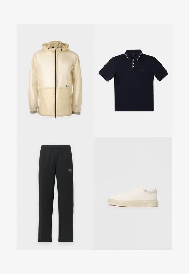Chaqueta ligera beige tipo rompevientos con capucha, que cuenta con un cierre frontal completo, puños elásticos y un logo bordado en el lado izquierdo.; Polo azul marino en mezcla de algodón con mangas cortas, cuello y tapeta de tres botones. Presenta ribete blanco en el cuello y un sutil detalle de logo.; Pantalones de chándal negros de pierna recta con cintura elástica y logotipo negro en el muslo izquierdo superior.; Zapatilla blanca con una parte superior de lona suave, cordones planos, collar acolchado y un acento gris texturizado en la parte trasera. Suela de goma gruesa.