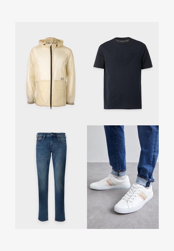 Lichte beige windbreaker jack met capuchon, voorzien van een volledige rits aan de voorkant, elastische manchetten en een geborduurd logo aan de linkerkant.; Zwart T-shirt met korte mouwen en ronde hals, met een subtiel reliëf adelaarlogo op de borst en een merklapje binnenin de kraag.; Denim jeans in een gemiddelde blauwe was. Heeft een recht gesneden ontwerp, vijf zakken, een ritsluiting aan de voorkant en contrasterende stiksels.; Witte leren sneakers met meerkleurige strepen, vetersluiting, rubberen zool en gevoerd kraagje, gecombineerd met blauwe spijkerbroek.