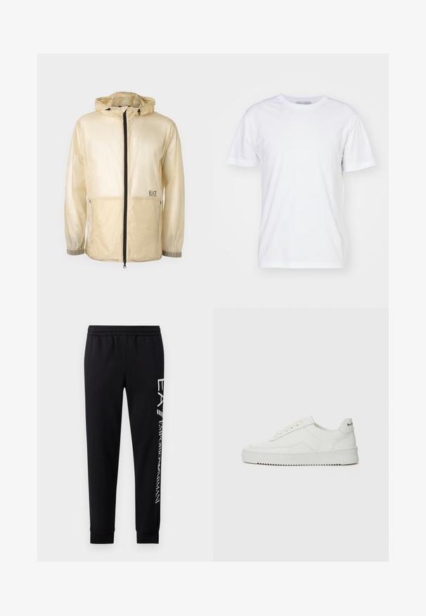Lichte beige windbreaker jack met capuchon, voorzien van een volledige rits aan de voorkant, elastische manchetten en een geborduurd logo aan de linkerkant.; Witte katoenen T-shirt met een ronde hals, korte mouwen en een rechte snit. Geen patronen of versieringen, gladde textuur en eenvoudig ontwerp.; Zwarte sweatpants van een katoenmix, met een elastische tailleband, taps toelopende benen, ribgebreide boorden en een wit logo-opdruk langs de zijkant.; Witte leren sneaker met een gladde afwerking, ronde neus, platte veters en een gestructureerde zool. Kenmerkt zich door een subtiel logo op de hiel.