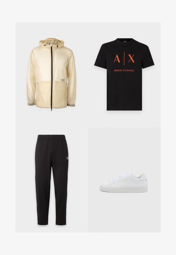 Chaqueta ligera beige tipo rompevientos con capucha, que cuenta con un cierre frontal completo, puños elásticos y un logo bordado en el lado izquierdo.; Camiseta negra de manga corta con cuello redondo y gran logo naranja "A | X" junto con el texto "Armani Exchange" centrado en el frente.; Pantalones de chándal negros con cintura elástica, piernas estrechas y un pequeño logo blanco en la parte superior del muslo izquierdo.; Zapatillas bajas de cuero blanco con puntera redonda, cordones planos, suela texturizada y sutil marca dorada en el lateral. Superficie lisa y diseño minimalista.