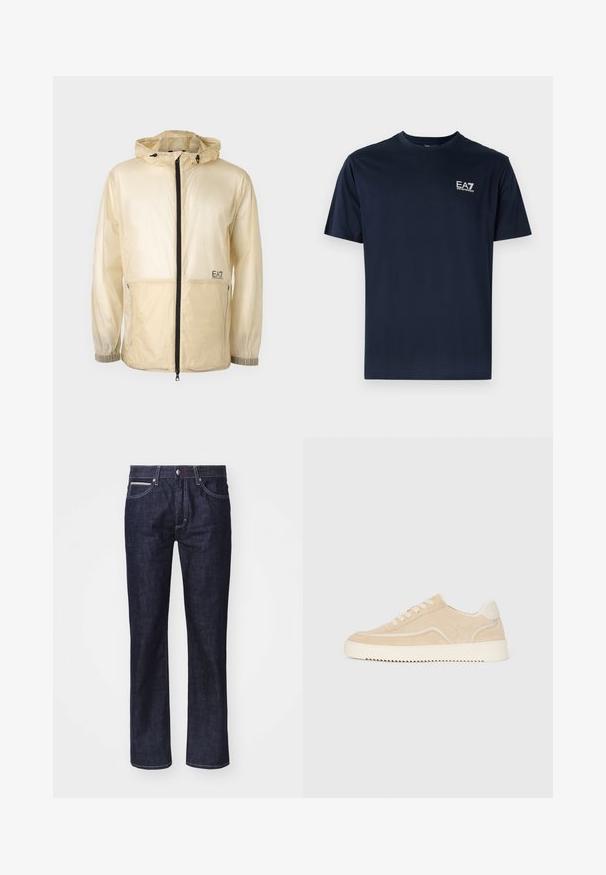 Lichte beige windbreaker jack met capuchon, voorzien van een volledige rits aan de voorkant, elastische manchetten en een geborduurd logo aan de linkerkant.; Navyblauwe katoenen t-shirt met korte mouwen, ronde halslijn en EA7-logo aan de linkerbovenkant in het wit. Gladde textuur, casual ontwerp.; Donkerblauwe denim jeans met een rechte snit, subtiele contrasterende stiksels, vijf zakken en een knoopsluiting bij de taille.; Beige suède sneaker met witte zool en veters, low-top ontwerp en zigzagprofiel op de zool.