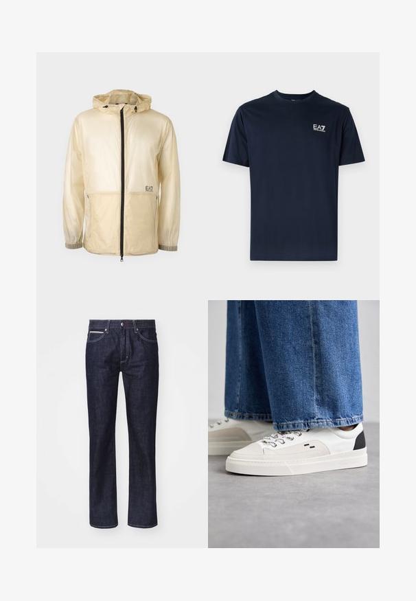 Leichte beige Windbreaker-Jacke mit Kapuze, ausgestattet mit einem durchgehenden Reißverschluss, elastischen Bündchen und einem gestickten Logo auf der linken Seite.; Navyblaue Baumwoll-T-Shirt mit kurzen Ärmeln, Rundhalsausschnitt und EA7-Logo auf der oberen linken Seite in Weiß. Glatte Textur, lässiges Design.; Dunkelblaue Denim-Jeans mit geradem Schnitt, dezentem Kontraststich, fünf Taschen und einem Knopfverschluss an der Taille.; Weiße und schwarze Sneaker mit einem Obermaterial aus glattem Leder, strukturierten Akzenten und einer massiven weißen Sohle. Verfügt über ein klassisches Schnürdesign.