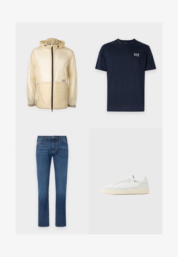 Leichte beige Windbreaker-Jacke mit Kapuze, ausgestattet mit einem durchgehenden Reißverschluss, elastischen Bündchen und einem gestickten Logo auf der linken Seite.; Navyblaue Baumwoll-T-Shirt mit kurzen Ärmeln, Rundhalsausschnitt und EA7-Logo auf der oberen linken Seite in Weiß. Glatte Textur, lässiges Design.; Blaue Jeans aus Denim mit geradem Bein, ausgestattet mit klassischem Fünf-Taschen-Design und Knopfverschluss. Dezentes Ausbleichen über der Stoffstruktur.; Weißer Sneaker mit strukturiertem Obermaterial aus Wildleder und Leder. Verfügt über eine runde Zehenpartie, Schnürverschluss und eine kontrastierende beige Gummisohle.