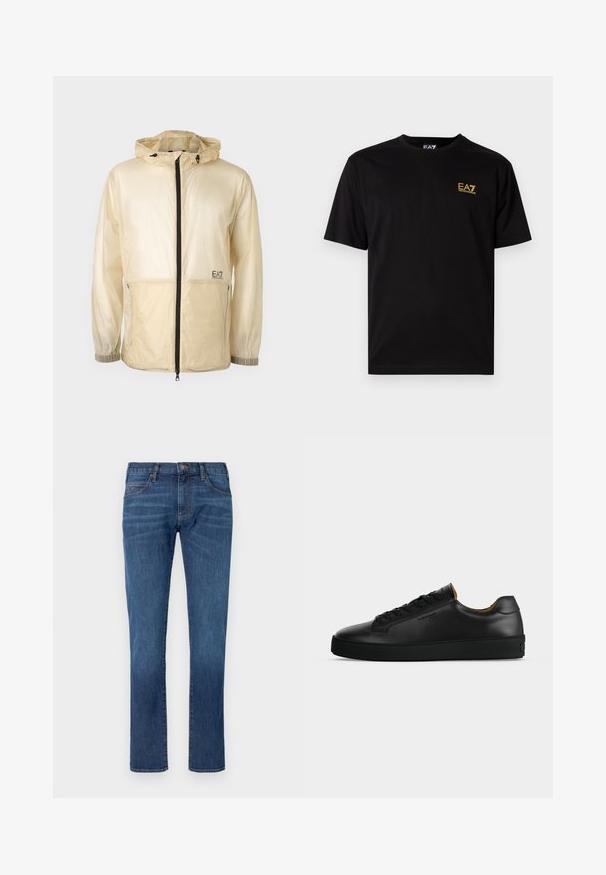 Chaqueta ligera beige tipo rompevientos con capucha, que cuenta con un cierre frontal completo, puños elásticos y un logo bordado en el lado izquierdo.; Camiseta de algodón negra de manga corta, con un pequeño logo bordado amarillo en el lado izquierdo del pecho. Diseño clásico de cuello redondo.; Vaqueros de mezclilla azul con corte recto, que cuentan con un diseño clásico de cinco bolsillos y cierre de botones. Sutil desgaste en la textura de la tela.; Zapatilla negra de piel de corte bajo con cordones negros, suela de goma texturizada y pequeño logo en relieve en el lateral, mostrada de perfil sobre fondo gris.