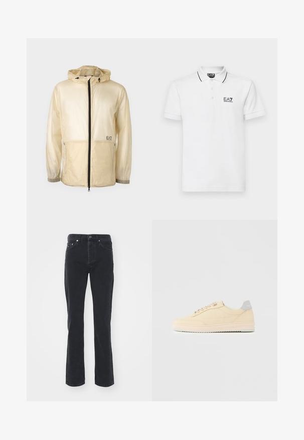 Letvægts beige vindjakke med hætte, der har en fuld frontlynlås, elastiske manchetter og et broderet logo på venstre side.; Hvid bomulds polo skjorte med en to-knaps placket, sorte krave- og ærmestrimler, med EA7-logoet på venstre bryst.; Sorte denimjeans med lige ben-design, der har fem lommer og knappelukning. Stoffet har en subtil tekstur og en robust overflade.; Beige lavtop sneaker med snørelukning foran, lyserød sål og grå hællap med mærket "Filling Pieces", vist i profil på ensfarvet baggrund.