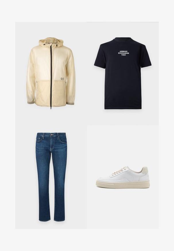 Lichte beige windbreaker jack met capuchon, voorzien van een volledige rits aan de voorkant, elastische manchetten en een geborduurd logo aan de linkerkant.; Zwarte katoenen t-shirt met een ronde halslijn en korte mouwen. Witte geborduurde tekst met "ARMANI EXCHANGE 1991" in het midden.; Donkerblauwe denim jeans met een rechte pijpdesign, klassieke vijf-pocket stijl en een knoopsluiting bij de tailleband. Gladde textuur.; Witte sneaker met een gevoerd leren bovenwerk, beige veters en een gestructureerde beige suede hieltab. Verhoogde zool voor extra hoogte.