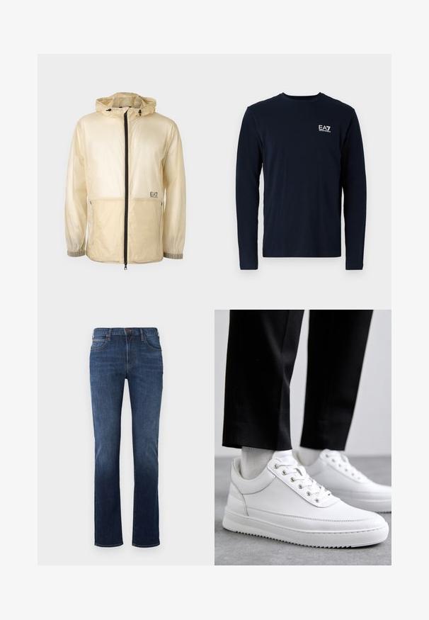 Letvægts beige vindjakke med hætte, der har en fuld frontlynlås, elastiske manchetter og et broderet logo på venstre side.; Navy langærmet t-shirt lavet af bomuld, med rund hals og et lille hvidt EA7-logo på venstre bryst. Glat tekstur.; Mørkeblå jeans med lige ben, lavet af denim. Har klassisk femlomme-design, syede sømme og en enkelt knaplukning.; Hvide lædersneakers med en flad gummisål, der har en glat overflade, rund tå og metaløjer til snørebånd. Bæret med sorte bukser.