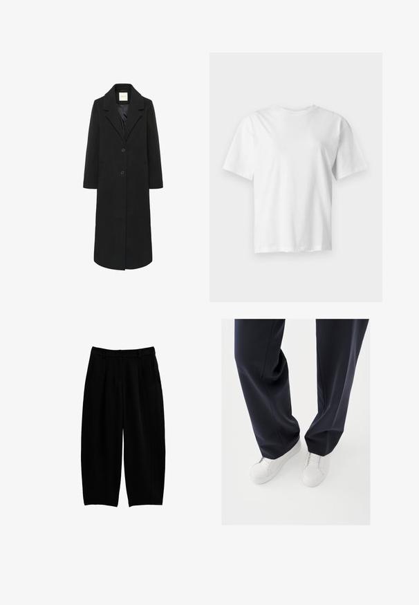 Zwarte lange wollen jas met ingezaagde revers, twee knopen, zijzakken en een gladde binnenvoering.; Effen wit T-shirt met korte mouwen en ronde hals, plat weergegeven op een lichtgrijze achtergrond.; Zwarte wijde broek van gestructureerde stof, met een hoge taille, twee voorzakken en scherpe plooien aan de voorkant voor extra structuur.; Witte sneakers met gestructureerde rubberen zolen en platte veters, gecombineerd met donkerblauwe broeken die een losse, soepele stof en een getailleerde pasvorm laten zien.