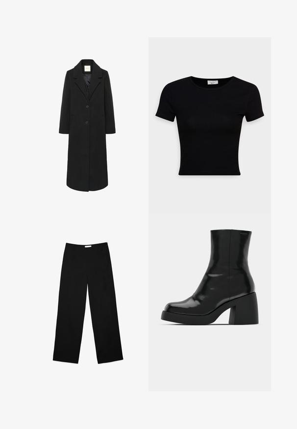 Sort lang uldfrakke med slag, to knapper, sidelommer og en glat indvendig foring.; Sort kortærmet t-shirt lavet af glat bomuldsstof, med rund halsudskæring og en tætsiddende pasform. Minimalistisk uden synlige mønstre.; Vide benbukser i sort stof, med en glat overflade, enkelt design og en diskret lynlås i siden til lukning.; Sorte ankelstøvler med en blank finish, firkantet tå og en tyk blokhæl. Designet har en strømlinet silhuet og minimal branding.