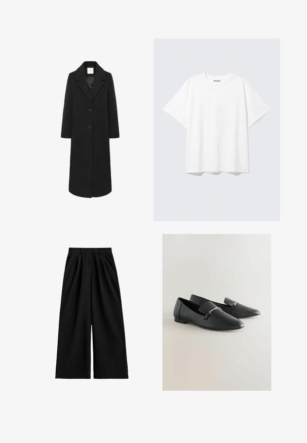 Zwarte lange wollen jas met ingezaagde revers, twee knopen, zijzakken en een gladde binnenvoering.; Witte T-shirt met korte mouwen en een ronde hals, met een relaxte pasvorm en een "WEEKDAY" label aan de binnenkant achter bij de hals.; Zwarte wijduitlopende broek met hoge taille, riemlussen, voorplooien en een nette, gladde stofafwerking.; Zwarte leren loafers met een puntige neus, voorzien van een zilveren accent en een omslagklep. Platte hak en een gladde textuur.