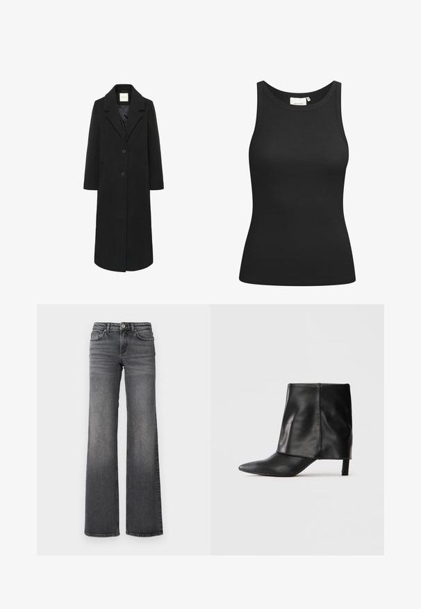 Sort lang uldfrakke med slag, to knapper, sidelommer og en glat indvendig foring.; Sort tanktop lavet af ribbet materiale, med en scooped halsudskæring og en tætsiddende form. Flade sømme og ingen udsmykninger. Enkel og strømlinet design.; Mørkegrå denim jeans med lige ben, let falmet på lårerne og standard fem-lomme design mod en hvid baggrund.; Sort læderstøvle til midten af læggen med spids tå, foldet øvre skaft og slank lav hæl, der står på hvid baggrund.