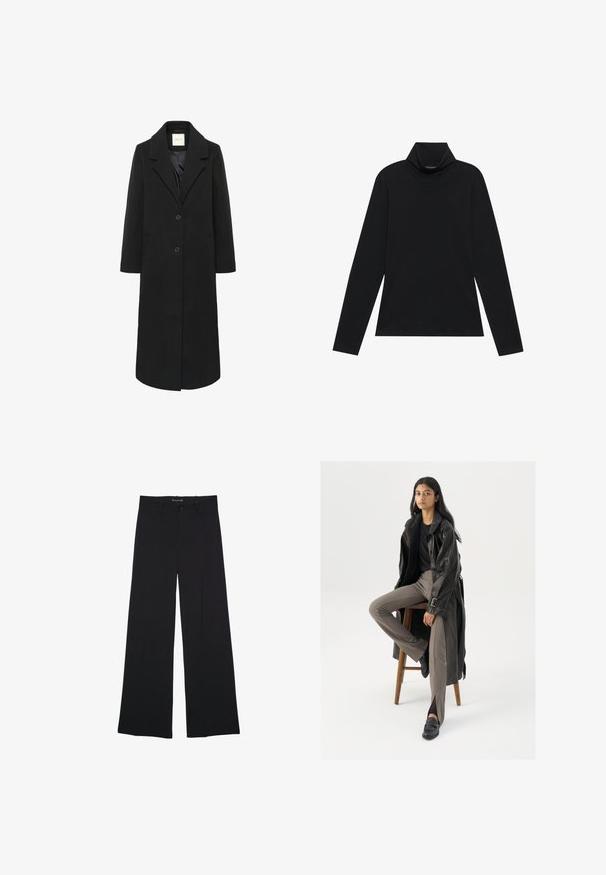 Sort lang uldfrakke med slag, to knapper, sidelommer og en glat indvendig foring.; Sort turtleneck med lange ærmer. Blødt stof, tætsiddende design, høj krave og sidesøm. Simpel og alsidig stil, der er velegnet til lag-på-lag.; Sorte bukser med vide ben med knap- og lynlåslukning, bæltestropper og en glat, skræddersyet finish.; Sort læder trench coat med knapper og bælte detalje, parret med lysebrune tætsiddende bukser og sorte loafers, siddende på en træstol.