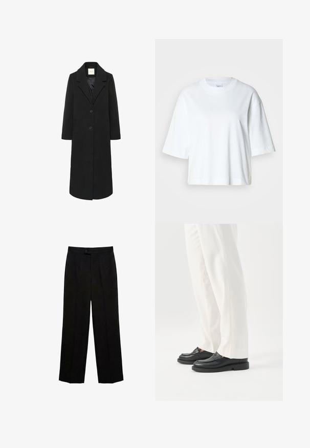 Zwarte lange wollen jas met ingezaagde revers, twee knopen, zijzakken en een gladde binnenvoering.; Witte cropped t-shirt met korte mouwen, ronde hals, gemaakt van zacht katoen, met een eenvoudig en strak ontwerp.; Zwarte rechte broek met knoop- en ritsluiting, hoge taille en voorplooien.; Persoon draagt witte op maat gemaakte broek en zwarte leren loafers, staand op een witte achtergrond.